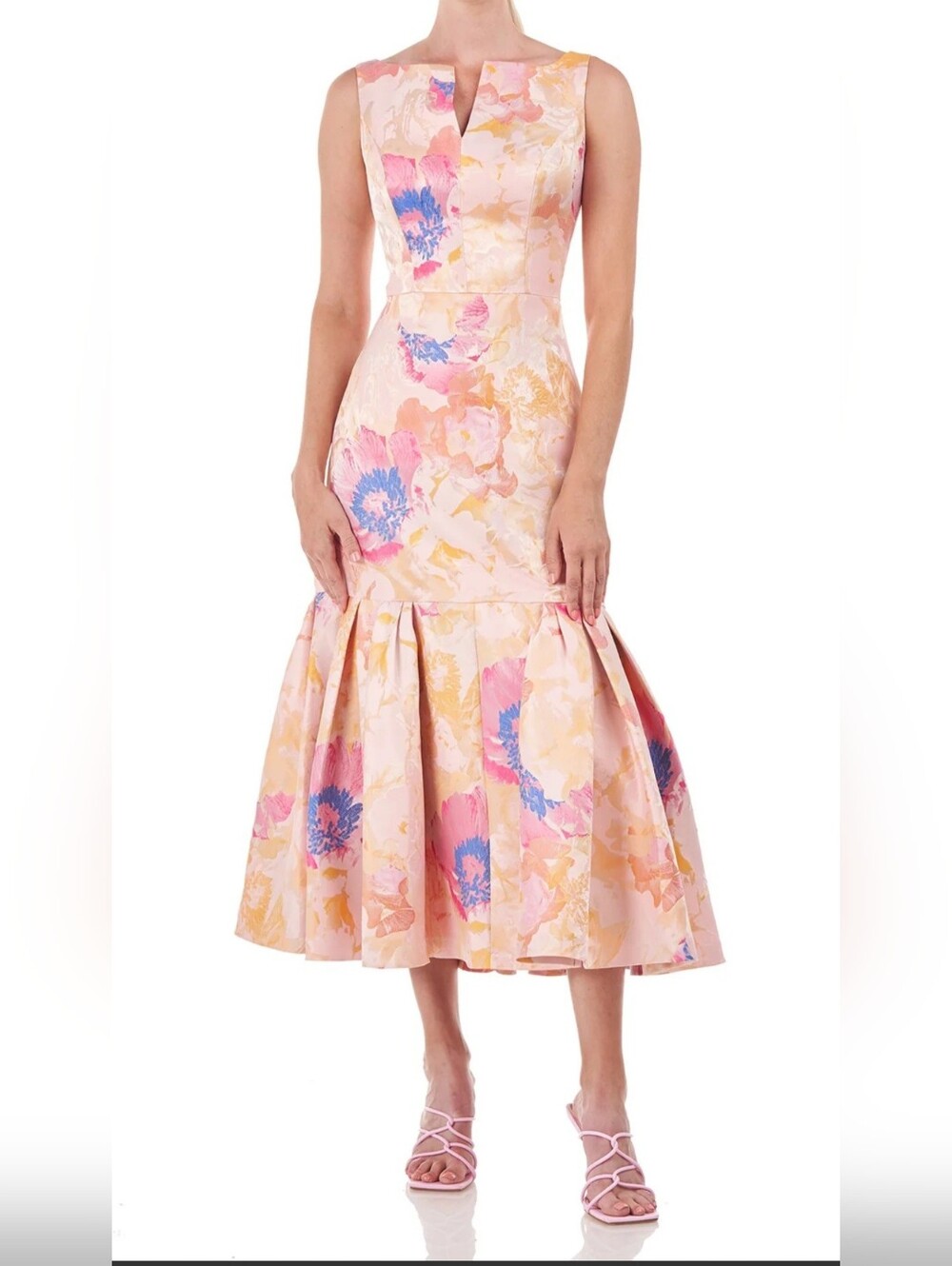 Kay Unger Pink Floral Midi Mermaid Skirt with Blue Accents